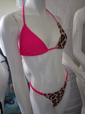 Women's Reversible Triangle Bikini - Hot Pink & Leopard